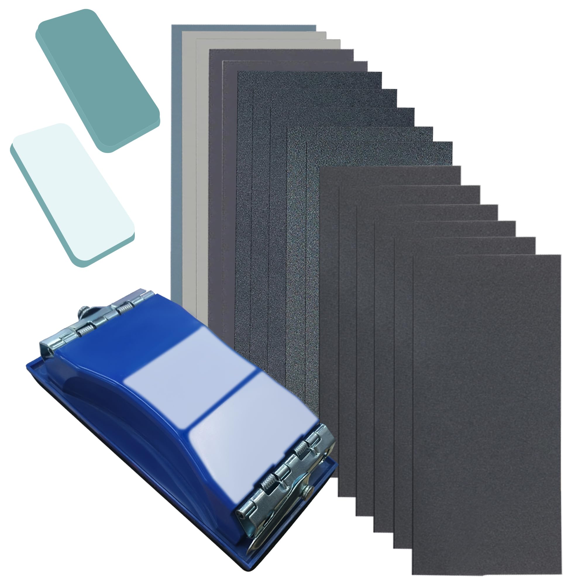 VRKET 3-in-1 Wet Dry Sandpaper Set,48 Sheets of 80 to 3000 Grit Sand Paper,1 Sandpaper Holder and 2 Sponges Sanding Block for Wood Furniture Finishing Metal Automotive Sanding Polish