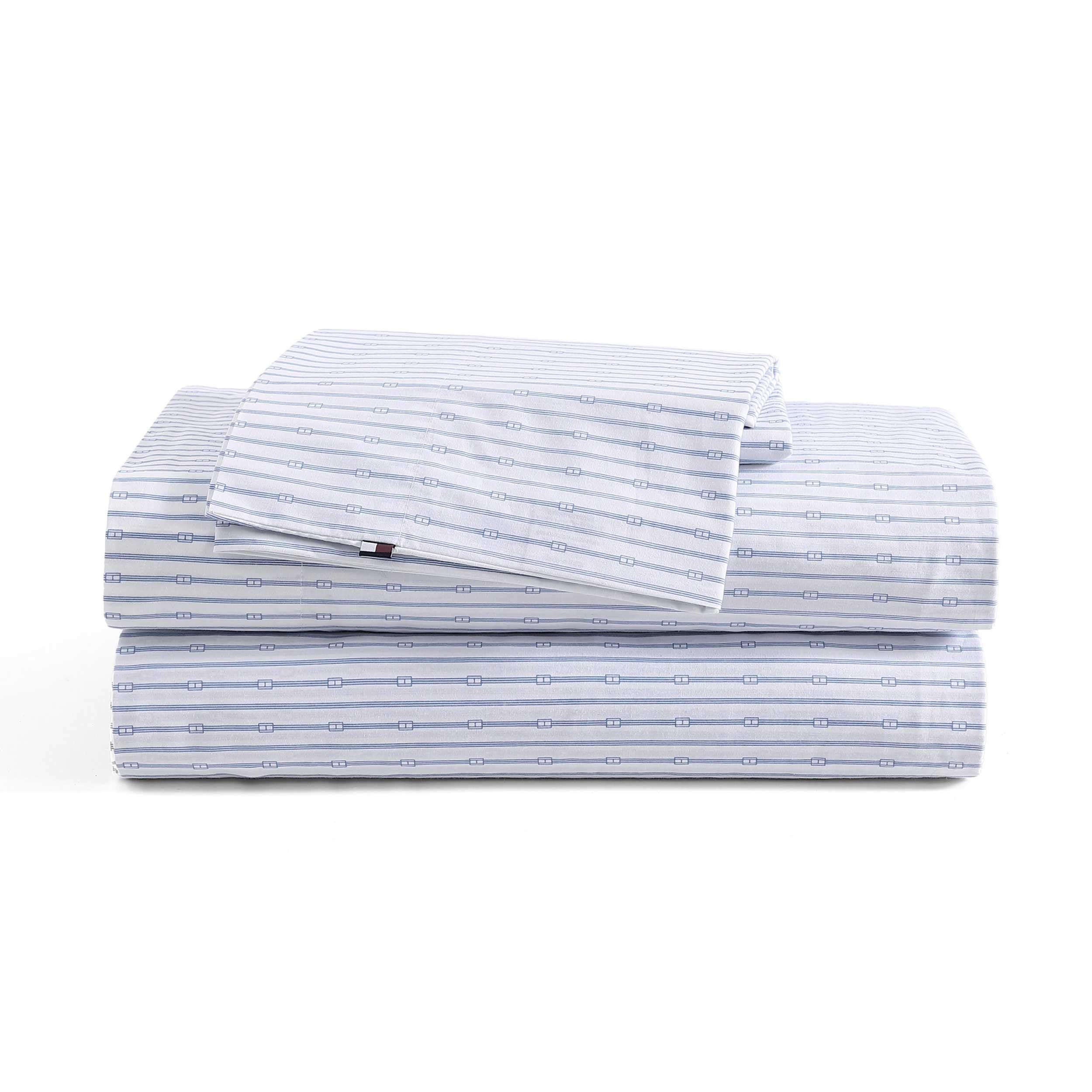 Photo 1 of Tommy Hilfiger - Sheet Set, Cotton Percale Bedding with Matching Pillowcases, Crisp & Cool, Premium Quality Home Essentials (Monogram Stripe Blue, Queen)