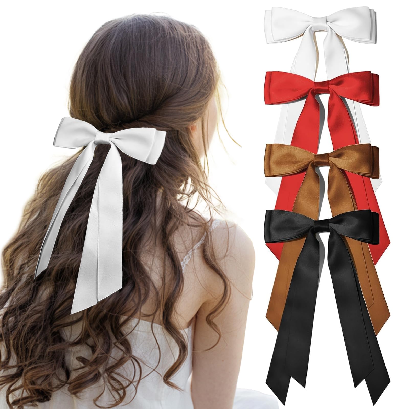 4PCS Hair Bows for Women - Bows for Hair Black Hair Ribbons for girls(White/Brown/Red/Black)