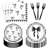 Black Bow Birthday Party Supplies Girl Coquette Birthday Paper Plates Napkins Dessert Tableware Set for Tying The Knot Bridal Shower Bachelorette Bow Party Serve 24 Guests