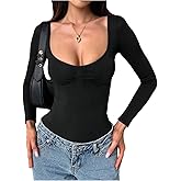 SHENHE Women's Sexy Low Cut Bodysuit Long Sleeve Fall Going Out Slim Leotard Bodysuit Shirt
