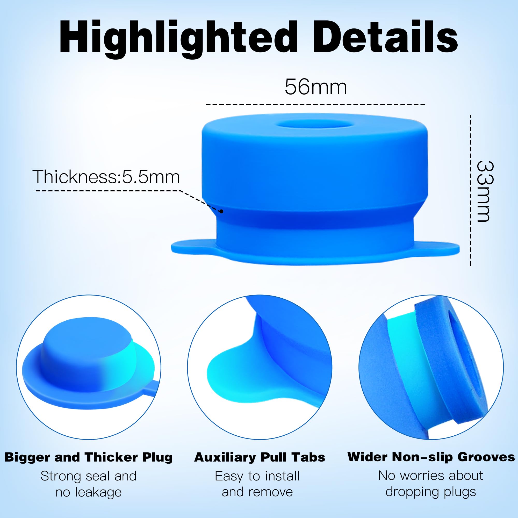 U-Goforst 6-Pack Silicone Water Jug Caps - Leak-Proof Lids For 3 & 5 Gallon Bottles, Standard 55-60mm Opening