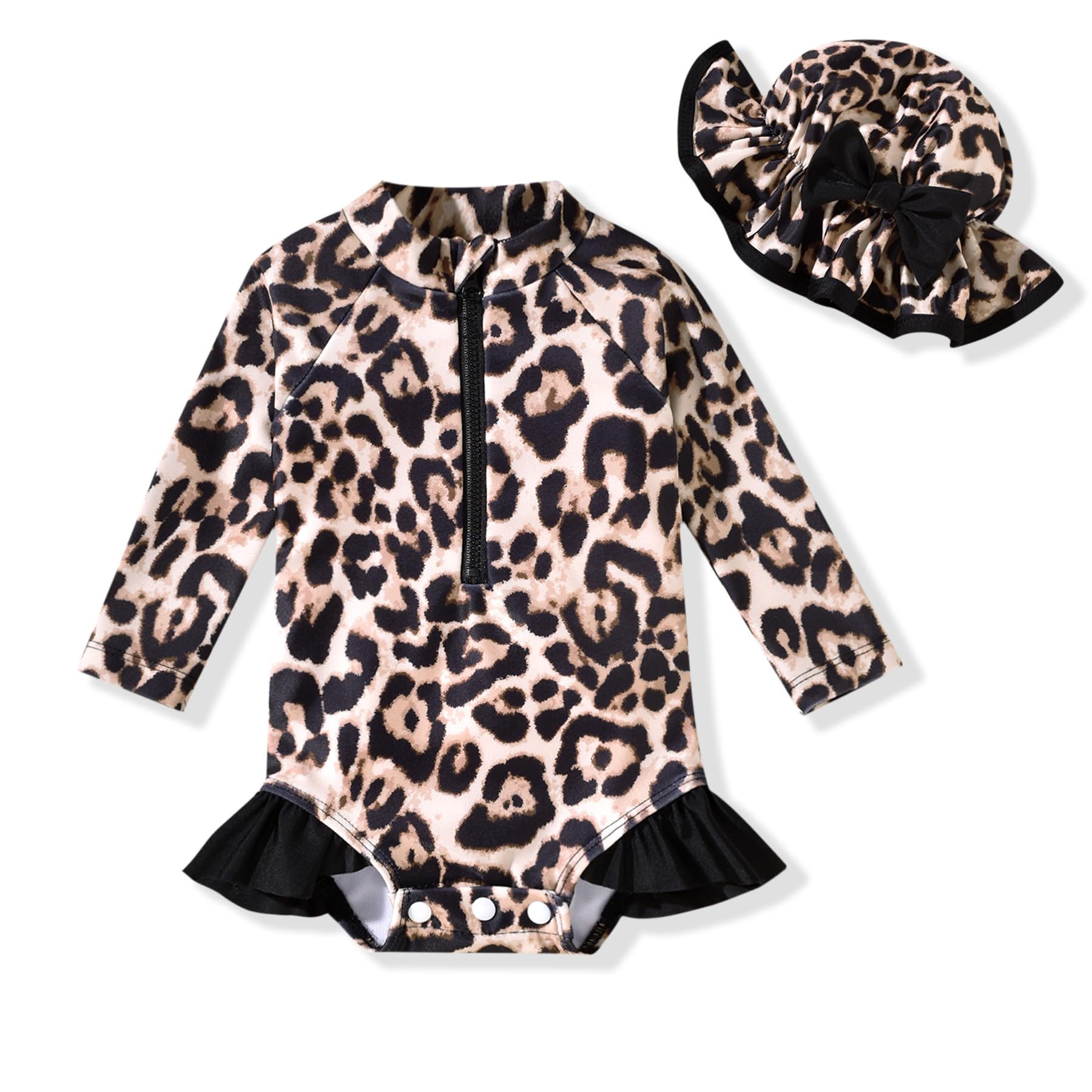 Photo 1 of 0-3 Months Newborn Infant Baby Girls One Piece Long Sleeve Swimsuit Cheetah Leopard Bathing Suit Zip Up Swimwear Beach Wear