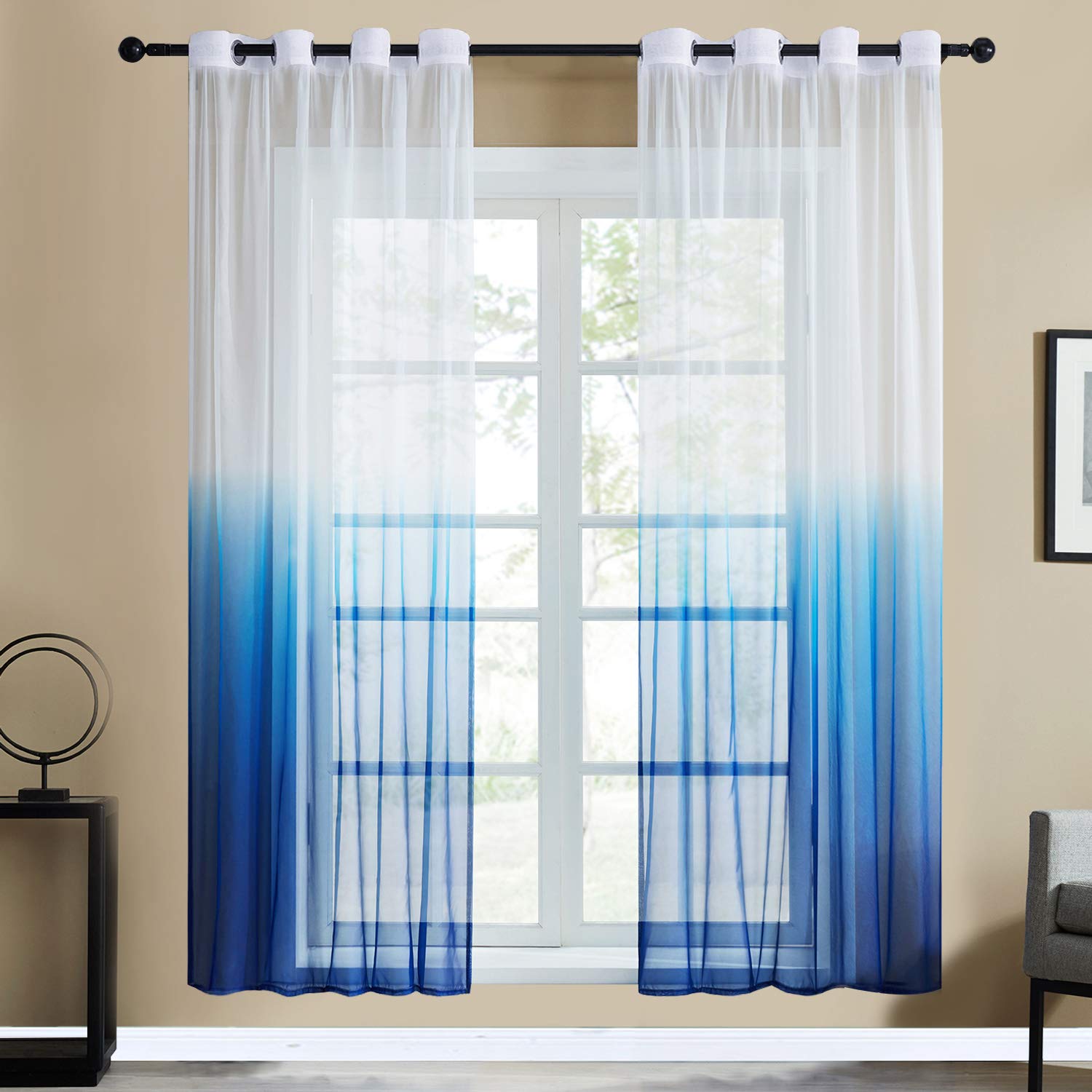 Top Finel Gradient Blue Sheer Curtains 72 Inch Length for Bedroom Living Room
