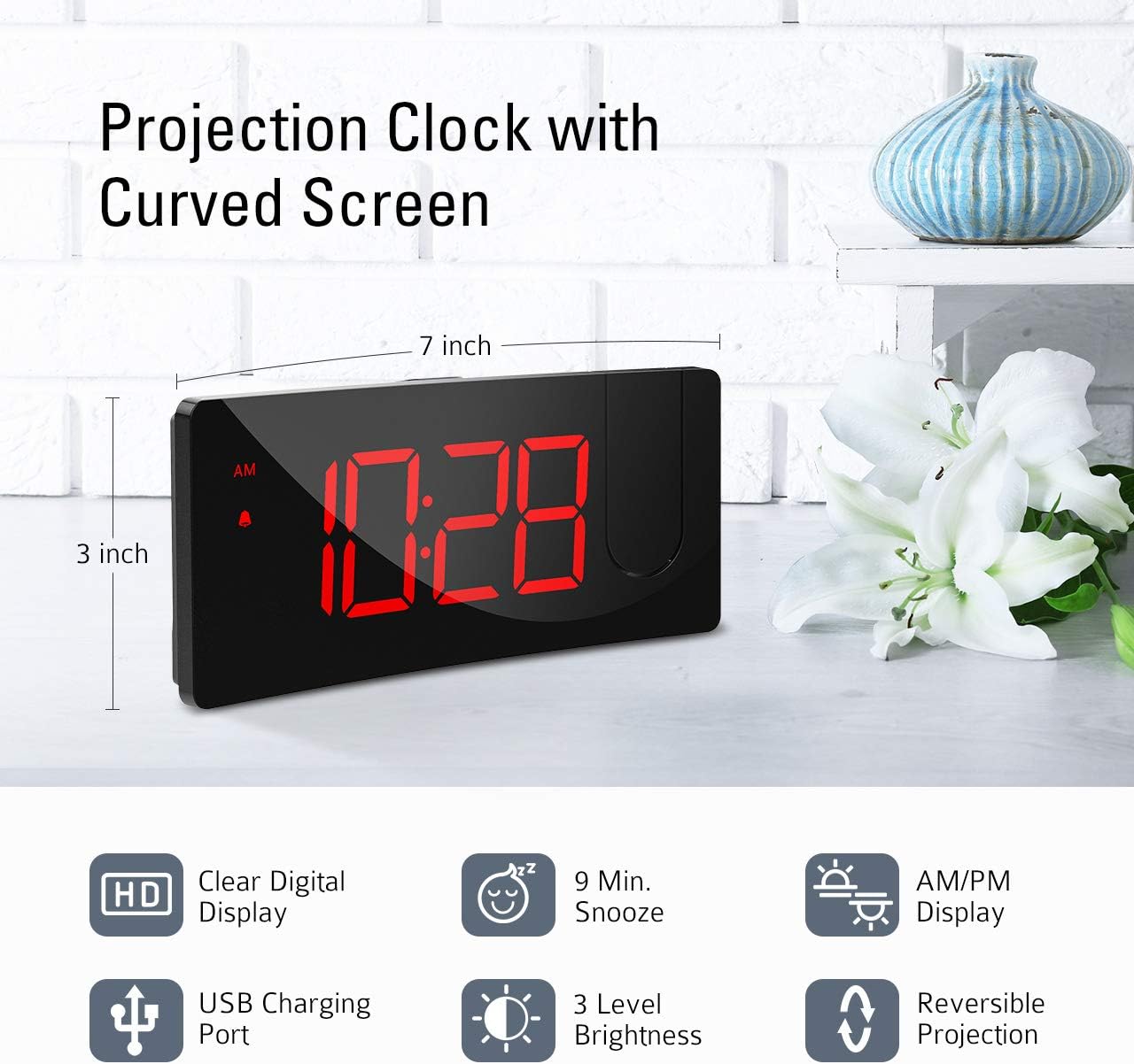 Home 5" LED Digital Projection Alarm Clock 4 Dimmer 12/24 Hrs Snooze