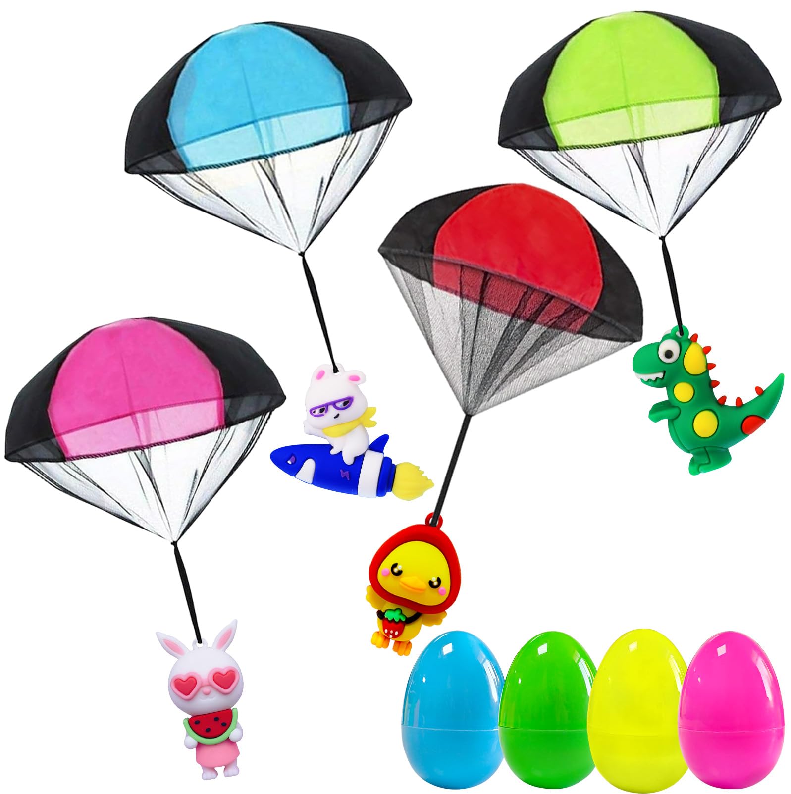 Easter Basket Stuffers Essentials, Easter Egg Fillers - 4PCS Prefilled Easter Eggs with Parachute Toys for Teens Kids Boys & Girls, Easter Party Favors Gifts, Egg Hunt, Treasure Box Toys for Classroom