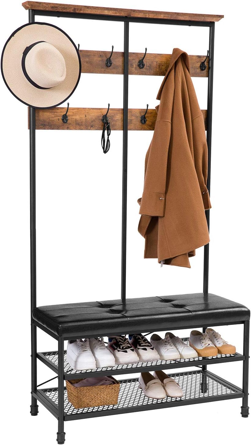 hoobro shoe rack on Hoobro Large Coat Rack Stand Multifunctional Storage Organiser Shelf Bedroom Office Hall Tree Shoe Bench With Soft Thick Seat And 10 Hooks Rustic Brown And Black Ebf90mt01 Industrial Furniture Home Kitchen