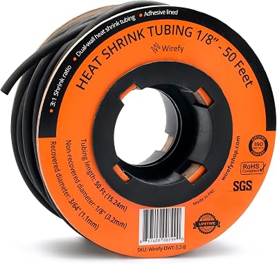 Wirefy 1/8" 3:1 Heat Shrink Tubing Adhesive Lined Black 50 Ft Marine Grade