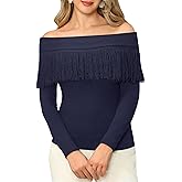 WLLW Women's Fringe Tops Juniors Boat Neck Sweater Long Sleeve Pullover Sweater Slim Fit Off Shoulder Sweaters
