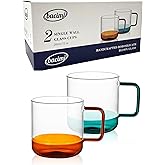 Bacimi® Clear Coffee Cups with Colorful Handles - Set of 2 / 12oz - Borosilicate Glass Mugs for Cappuccino, Tea, Latte, Coffee & Hot Beverage - Drinking Cups - Microwave Safe
