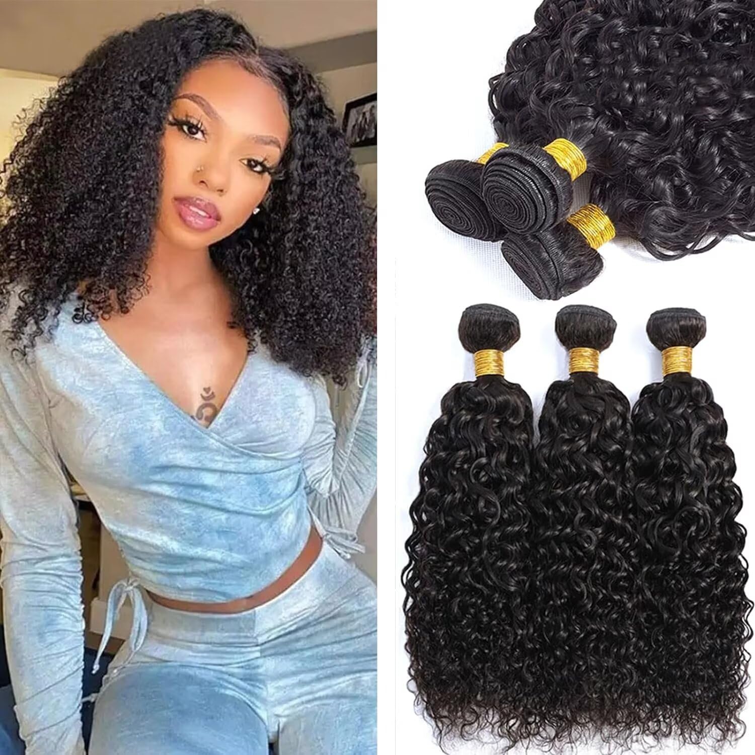 12A Curly Human Hair Bundles 100% Unprocessed Kinky Curly Bundles Human Hair Soft And Thick Can Be Dyed Curly Wave 3 Bundles Natural Black Color 10 12 14 Inch 95-100g/bundle total 285-300g โ image 1