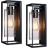Outdoor Wall Lights 2 Pack , 14 Inch Exterior Wall Sconces with Clear Seeded Glass, Modern Matte Black Hardwired Wall Lantern