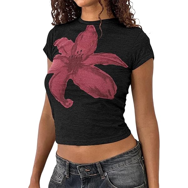Women Short Sleeve Baby Tee Y2k Flower Graphic Printed Crop