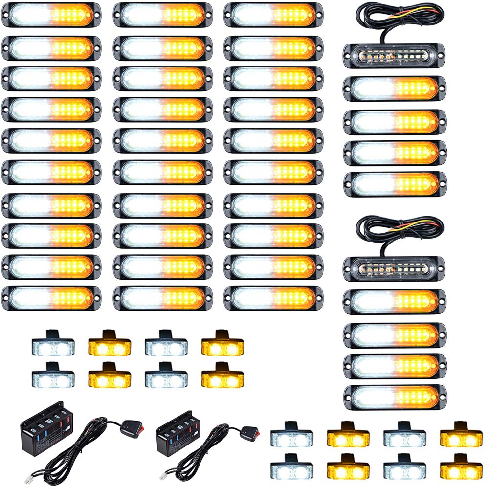 40PCS Ultra Slim 10-LED 30W Emergency Warning Construction Surface Mount Truck Trailer Strobe Light & 16pcs Car Truck Grille Deck Dash Flashing Light - Amber White