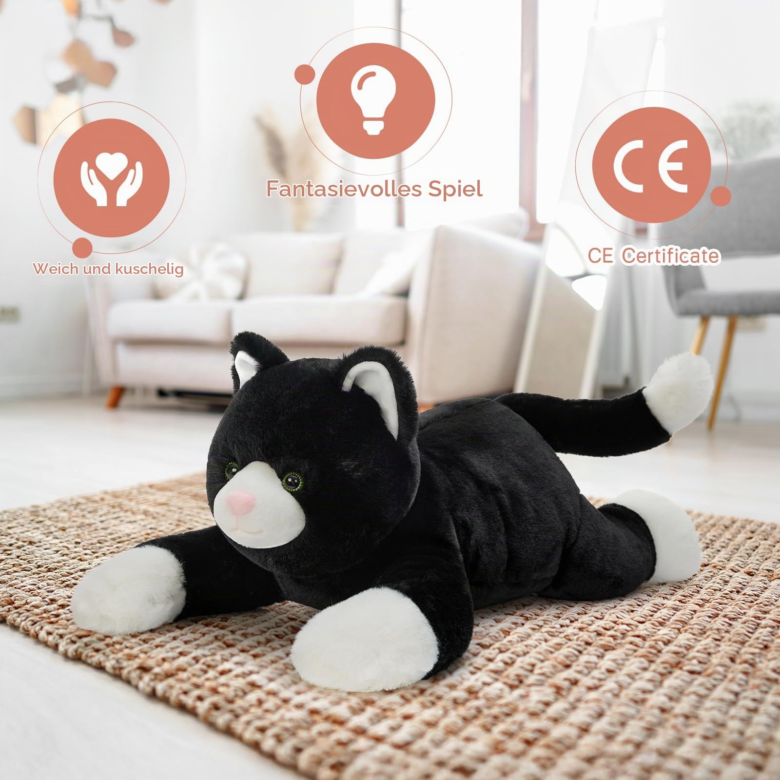 MorisMos Katze Plüschtier 80 cm Lang, Schwarzes Katzen Kuscheltier XXL, Weiches Plüschtier Katze Kissen, Liegende Katze Stofftier für Kinder, Mädchen, Jungen, Geburtstag Weihnachten Geschenk 5