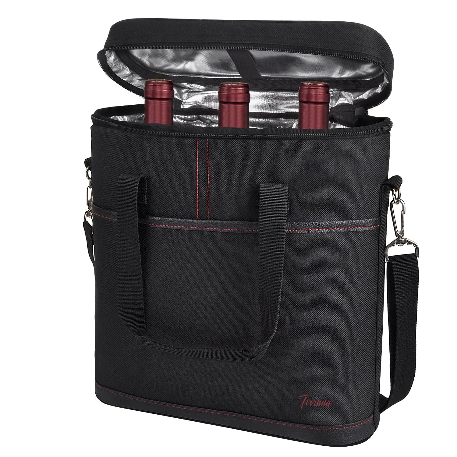 Kato Tirrinia Insulated Wine Carrier - 3 Bottle Picnic Cooler Tote Bag Padded Wine Bag with Adjustable Shoulder Strap, Black
