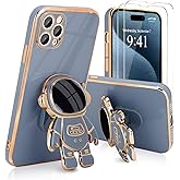 Pepmune for iPhone 15 Pro Case, Cute 3D Astronaut Stand with [2 Screen Protector] [Camera Protection] Kickstand Shockproof Bling Silicone Soft Cover for Apple iPhone 15 Pro Phone Case, Blue
