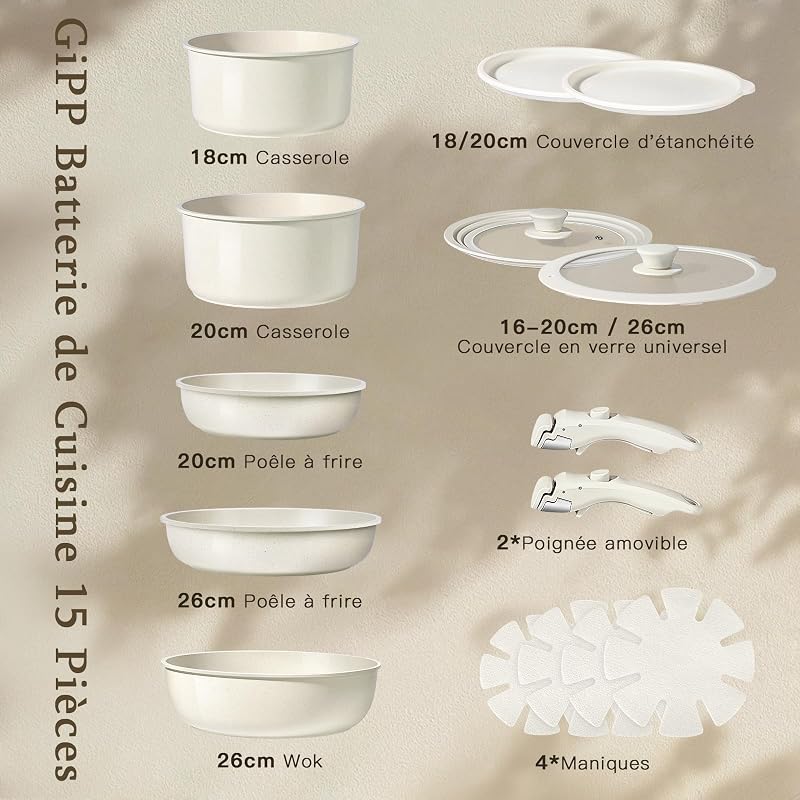 15 PCS Batterie Cuisine en CéRamique AntiadhéSive et Poignee Amovible