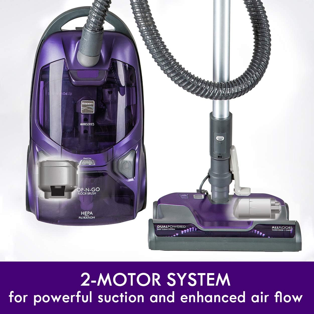 Kenmore 81615 600 Series Pet Friendly Lightweight Bagged Canister Vacuum with Pet PowerMate, Pop-N-Go Brush, 2 Motors, HEPA Filter, Aluminum Telescoping Wand, Retractable Cord and 4 Cleaning Tools -