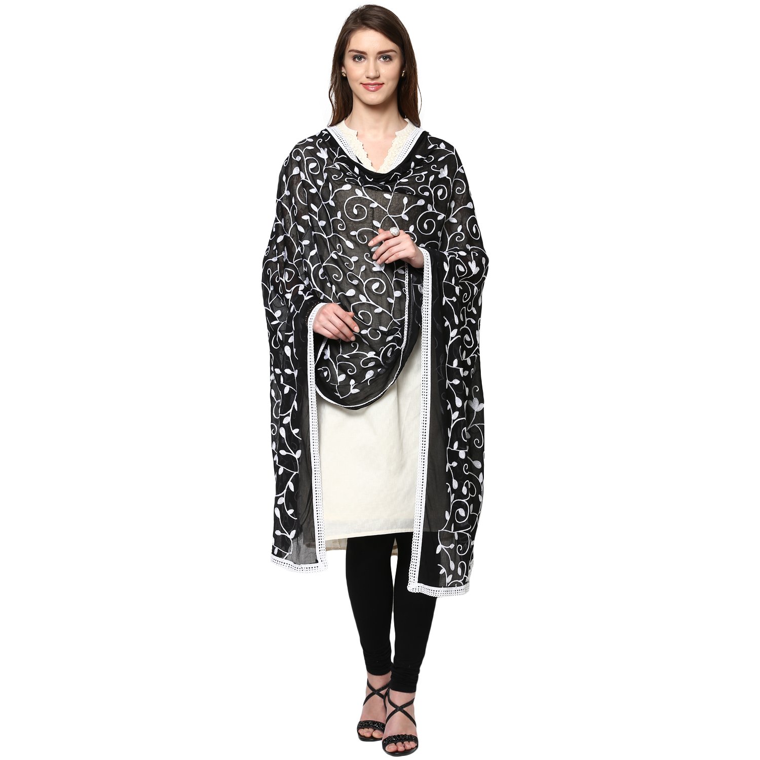 dupatta bazaar women's black n white embroidered chiffon dupatta