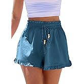 CUPSHE Womens Cotton Shorts Smock Waisted Summer Coverup Beach Shorts Ruffle Trim Casual Bottoms