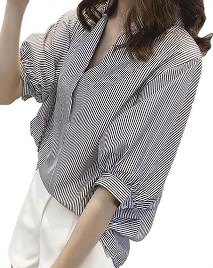 Amazon ロンショップ R O N Shop 半袖 ストライプ シャツ 背中 ボタン レディース トップス カットソー ブラック ブルー S 2xl シャツ ブラウス 通販