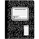 Top Flight Sewn 3-Subject Marble Composition Book, Wide Rule, 9.75 x 7.5 Inches, 120 Sheets, Black/White (11926)