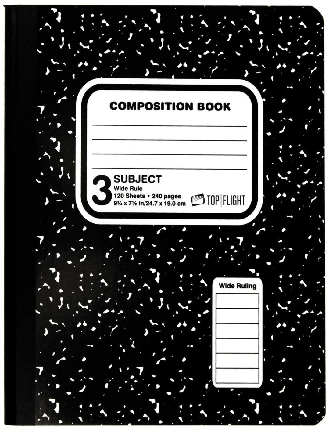 Photo 1 of Top Flight Sewn 3-Subject Marble Composition Book, Wide Rule, 9.75 x 7.5 Inches, 120 Sheets, Black/White (11926)