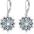 Moonstone Lotus Earrings Sterling Silver Abalone Shell Lotus Flower Dangle Drop Earrings Yoga Jewelry Mother's Day Jewelry Gifts for Women Mom