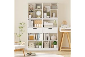 GOFLAME 7-Tier Bookcase with Drawer Set of 2, 61” Tall Bookshelf with 8 Open Cubes, Wooden, Modern, Freestanding Storage Orga