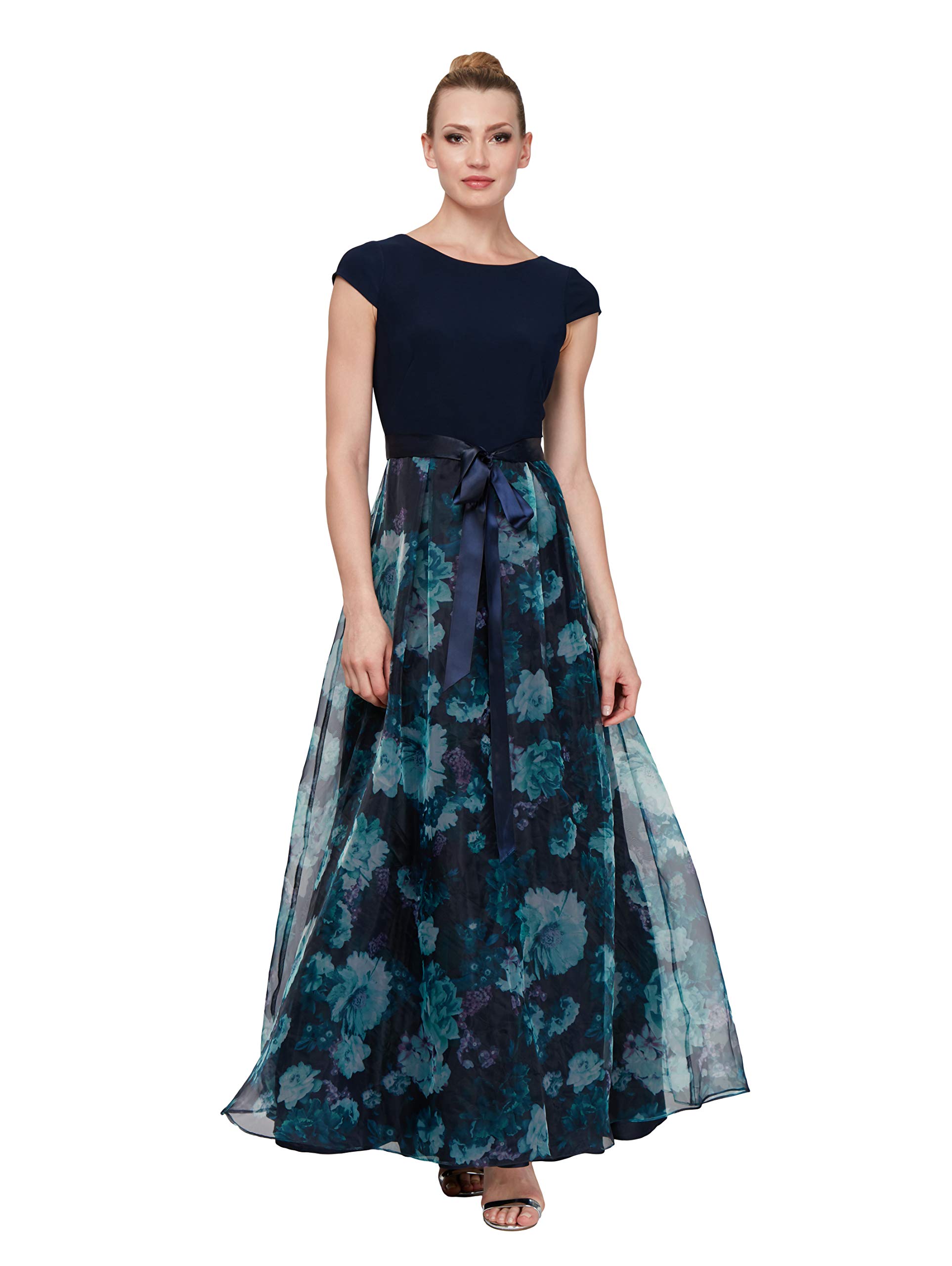 S.L. Fashions Women’s Petite Floral Print Skirt Dress 9241141, Navy Multi, 8P