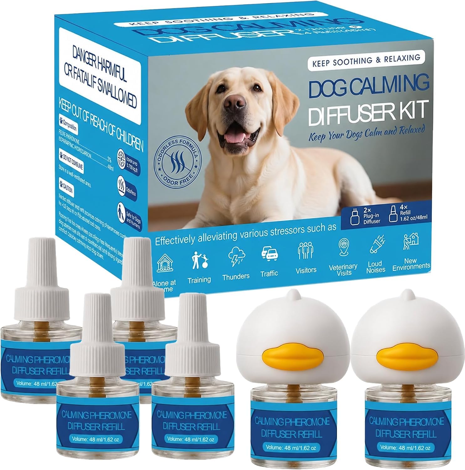 NAKESY Dog Calming Pheromones Diffuser 6 in 1 Kit Appeasing Pheromone Diffuser to Calm (2 Plug in+4 Pack 48ml Refill) for Anx