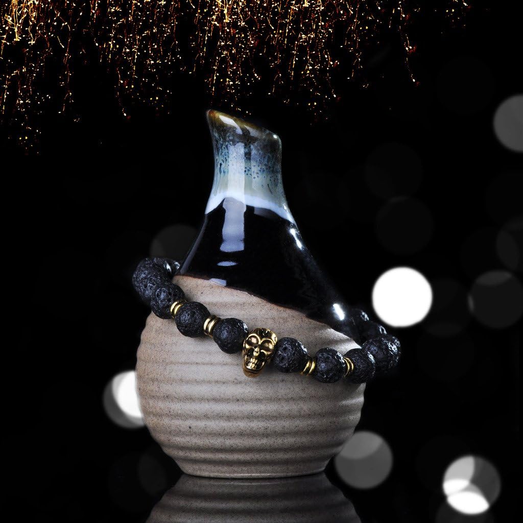 Infinite U Alloy Stretch Bracelet with Lava Stone Beads and Skull, Unisex, Therapeutic - Image 4