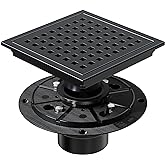 Dilvii 6 Inch Shower Drain Matte Black, Square Bathroom Floor Drain, Stainless Steel Drain Kit with Flange, Removable Grid Co