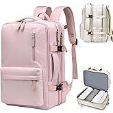 KEQIKAI Travel Laptop Backpack 30L for Men Women, Expandable Carry on Backpack Airplane Approved, Large Waterproof 15.6" Daypack Backpacks with USB Charging Port for Trip College Hiking, Pink