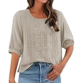 Floral Embroidered Cotton Linen Tops for Women Round Neck Puff Sleeve Peasant Blouse Boho Chic Summer 2026 Vintage Tunic