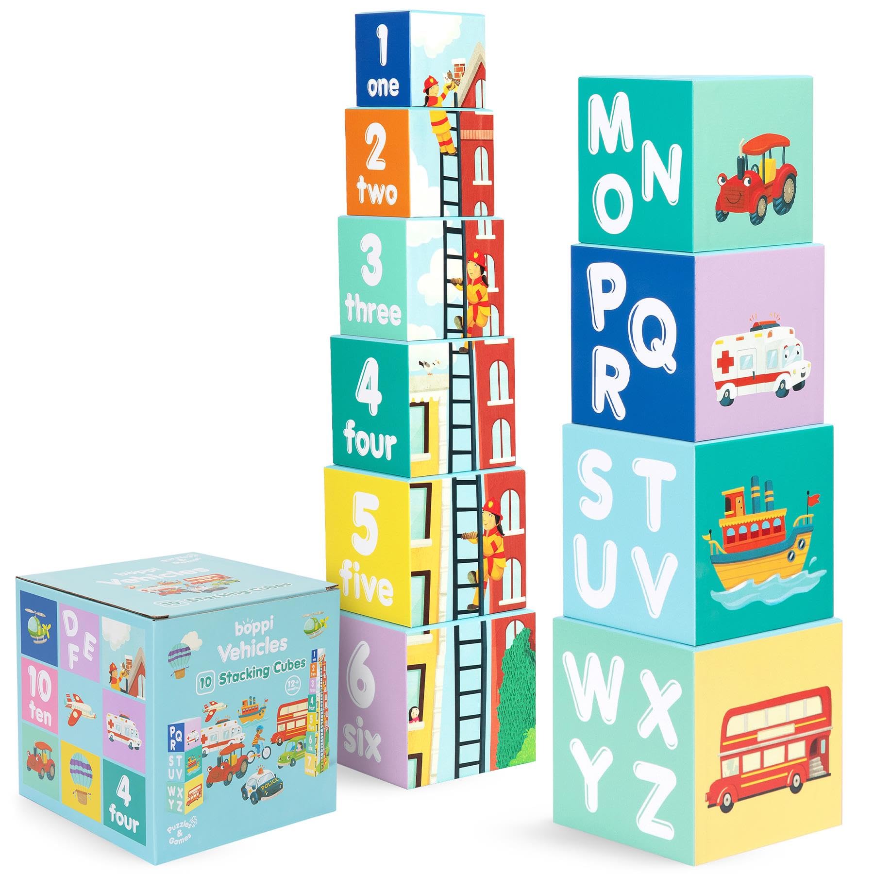 boppi Stacking Blocks Vehicle Toddler Toys with Letters and Numbers, Montessori/Educational Toy Cubes for Toddlers, Preschool Learning Baby Toy