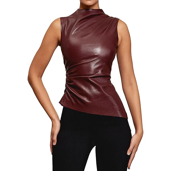 トップス tank top & leather skirt HGKPFGTF Women's Sexy PU Leather Tank Tops Asymmetrical Hem