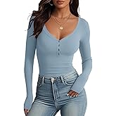 Meetrendi Women's Long Sleeve V Neck Shirt Sexy Henley Tight Slim Fitted Going Out Top Ribbed Button Fall Fashion 2025