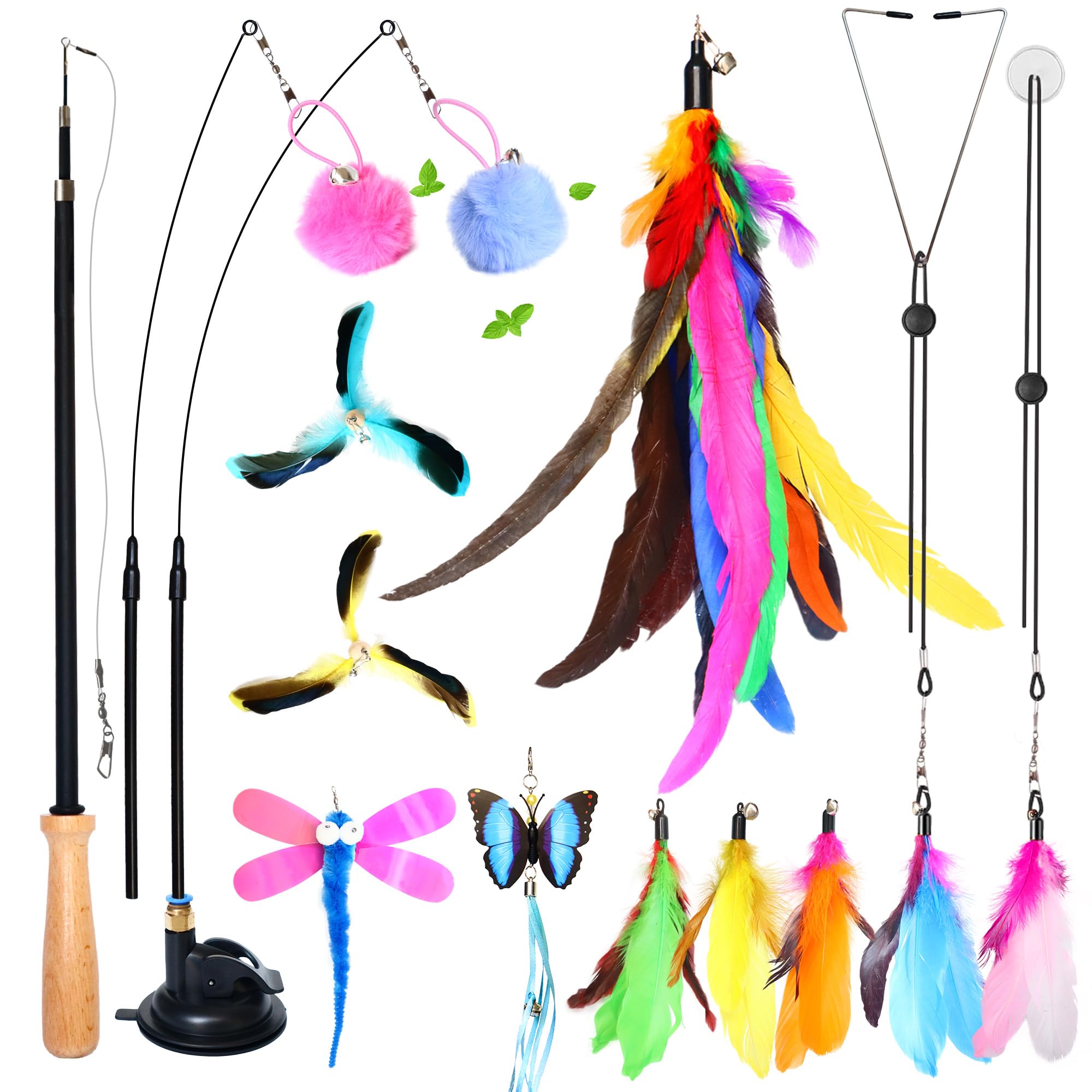 Photo 1 of Fokauiwo 4-in-1 Interactive Cat Toys Set with 12 Pcs Replacements for Indoor Cats (Includes 1 Huge Feather)- Cat Fishing Pole Toy with Wooden Handle, Enhanced Suction Cup, Hanging Door Kitten Toys