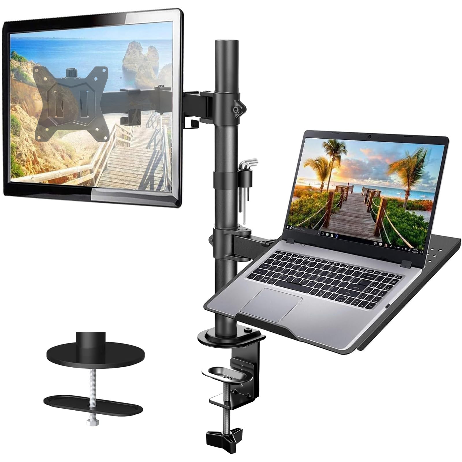 HUANUO Monitor Arm with Laptop Tray for 13 to 32 Inch Screen & 17 Inch Notebook, Monitor and Laptop Stand, Monitor Arm Desk Mount Fits VESA 75 / 100 Gaming
