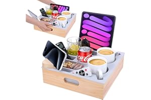Hanaoyo Couch Cup Holder Tray, Soft Silicone Wooden Couch Caddy with Carrying Handle, Sofa Cup Holder for Bed Car Beach Organizer, Anti-Spill Sofa Cup Holder for Snacks Beverage Remote (Beige)