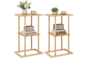 Giantex Bamboo Side Table Set of 2, 3-Tier Narrow End Table with Storage Shelves, Accent Sofa Couch Bedside Table, Boho Night