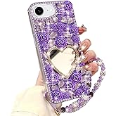 Changjia for iPhone 16e Glitter Bling Case,Cute 3D Sparkle Heart Makeup Mirror Crystal Rhinestone Flowers Diamond Gems Pearl with Lanyard Wrist Strap Women Girls Case for iPhone 16e 6.1" 2025 (Purple)