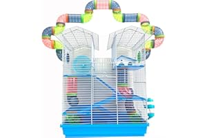 MCAGE 5-Floors Large Twin Tower Syrian Hamster Rodent Gerbil Mouse Mice Rat Home Cage with Crossover Tube Tunnel Expansible and Customizable with Hide House Running Wheel Food Dish Water Bottle