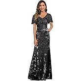 Mollyevers V Neck Mother of The Bride Dresses for Women Short Sleeve Long Sequin Lace Evening Formal Dress