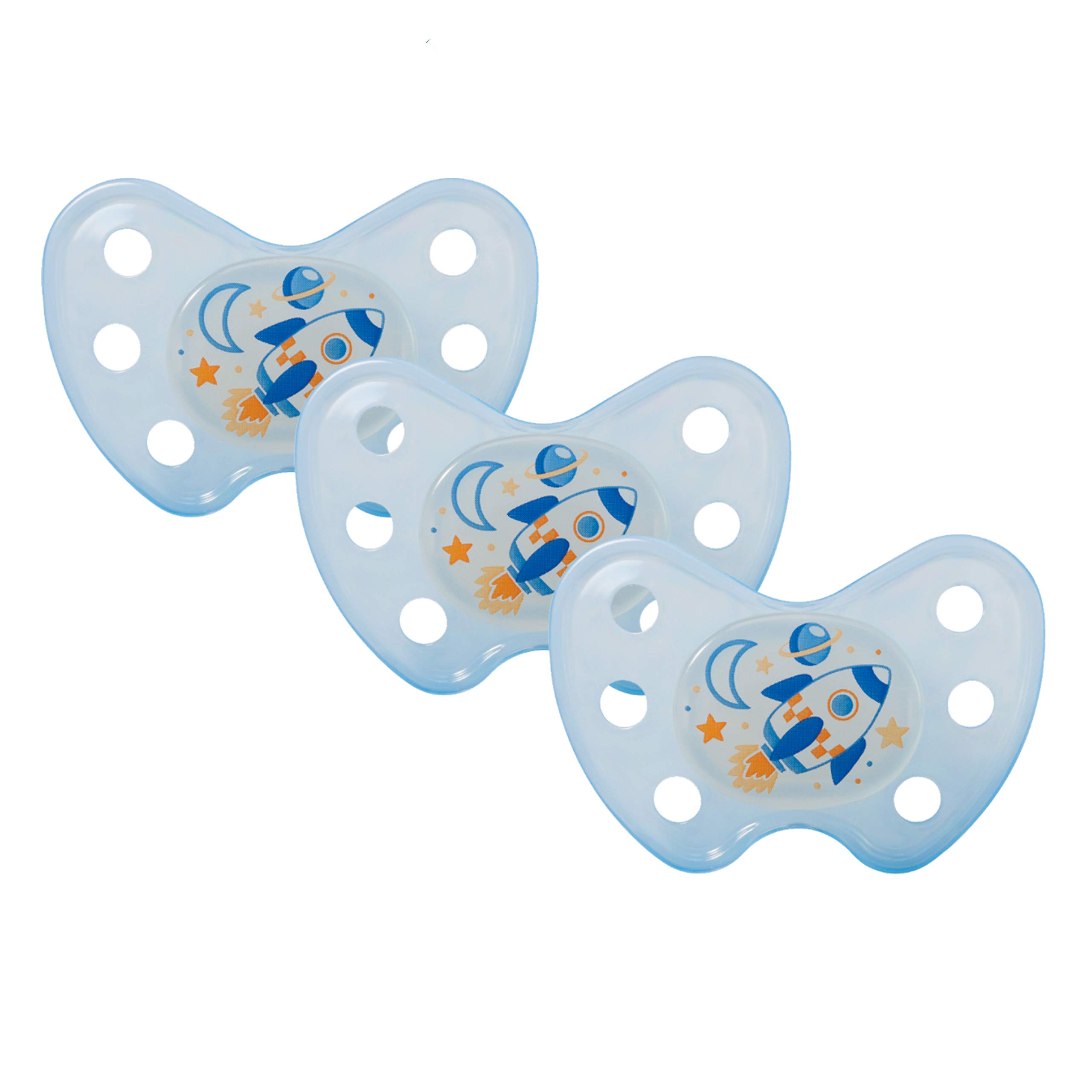 dentistar Night Silicone Soother Set of 3 - Size 3, from 14 Months - Silicone Soother with Dental Step - Glow in The Dark Baby Dummy - Made in Germany - Rocket, Blue