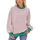Fancy Uyee Women's Oversized Striped Crewneck Sweatshirt Long Sleeve Pullover Top Casual Y2K Fall Clothes 2026 Workout Shirt(Pink White,XL)