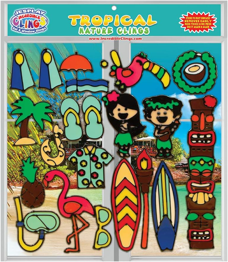 Tropical Window and Wall Gel Clings - Flexible Gel Glass Window Clings for Kids and Adults - Reusable Surfboard, Pineapple, Hawaii, Polynesia, Hula - Home, Airplane, Classroom, Nursery Decoration
