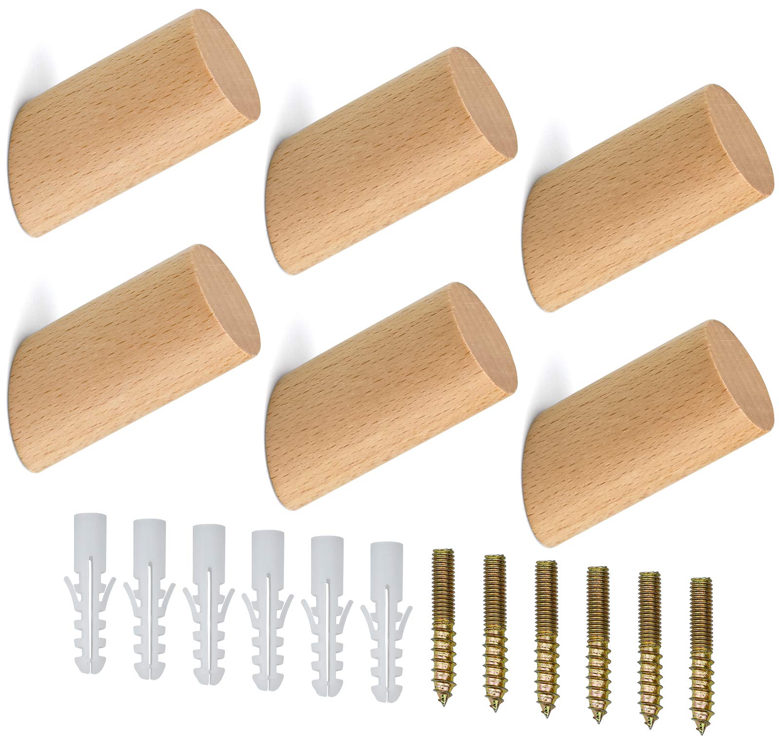 TDDL Pack of 6 Wooden Coat Hooks Natural Wall Hooks Beech Hooks 3 x 6 cm Clothes Hooks Hanger for Clothes Scarf Hat Bag with Screws